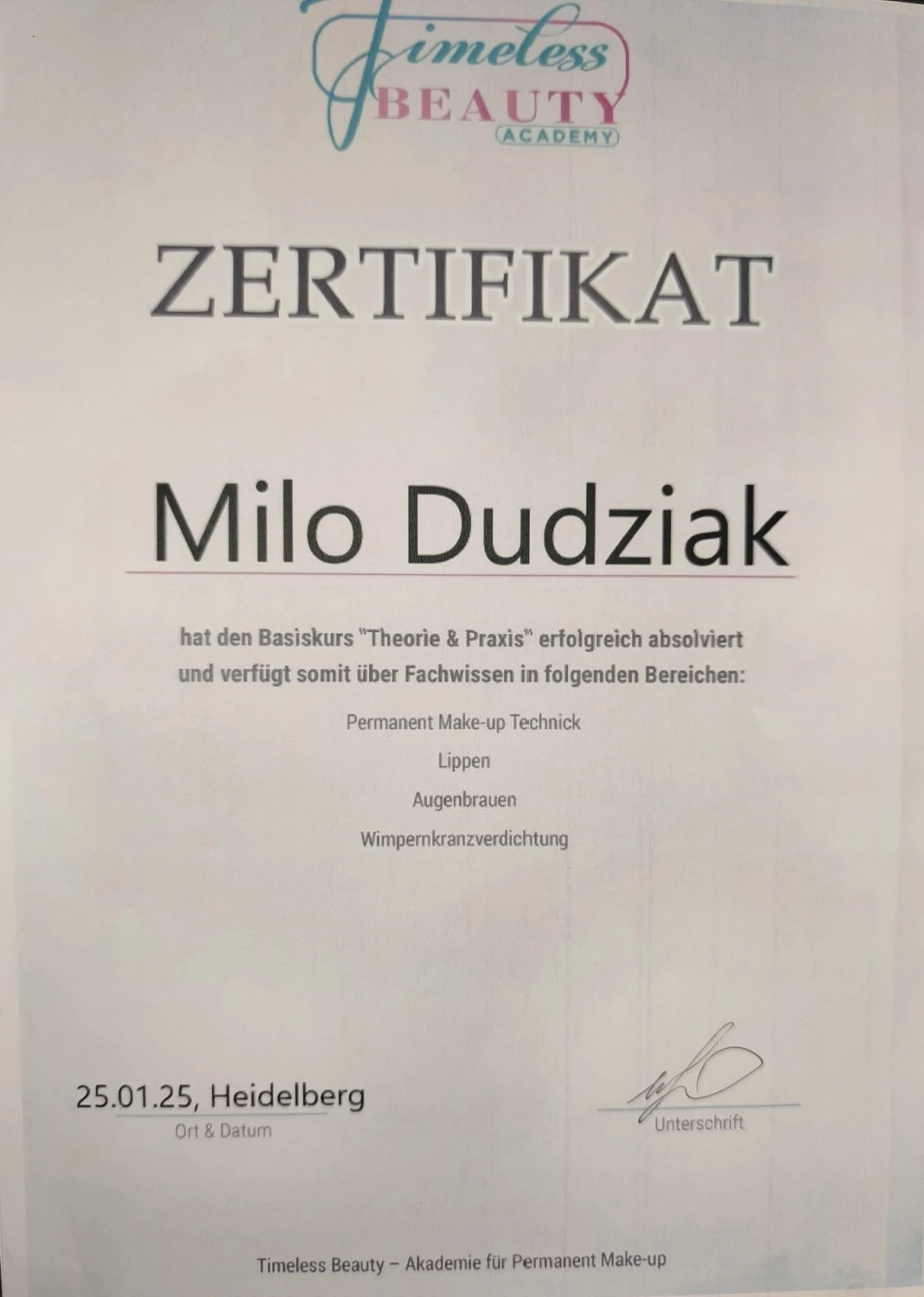 Milos Beauty Oasis - Milo Dudziak Zertifikat 