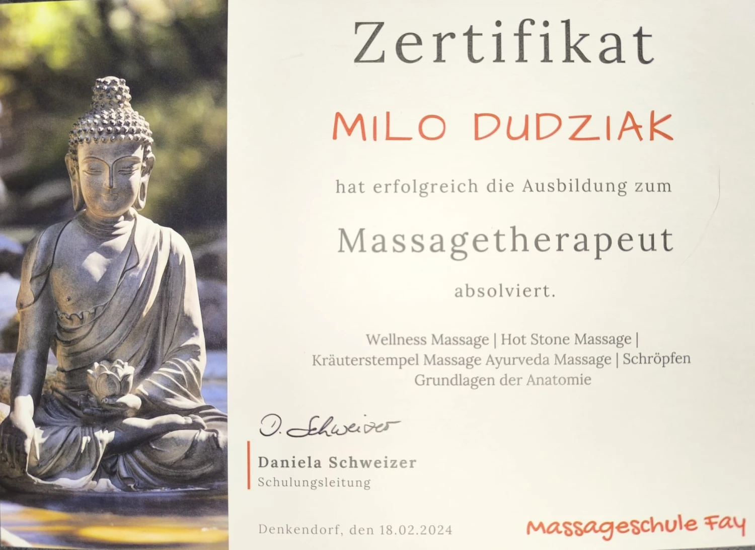 Milos Beauty Oasis - Milo Dudziak Zertifikat für Massagetherapeut