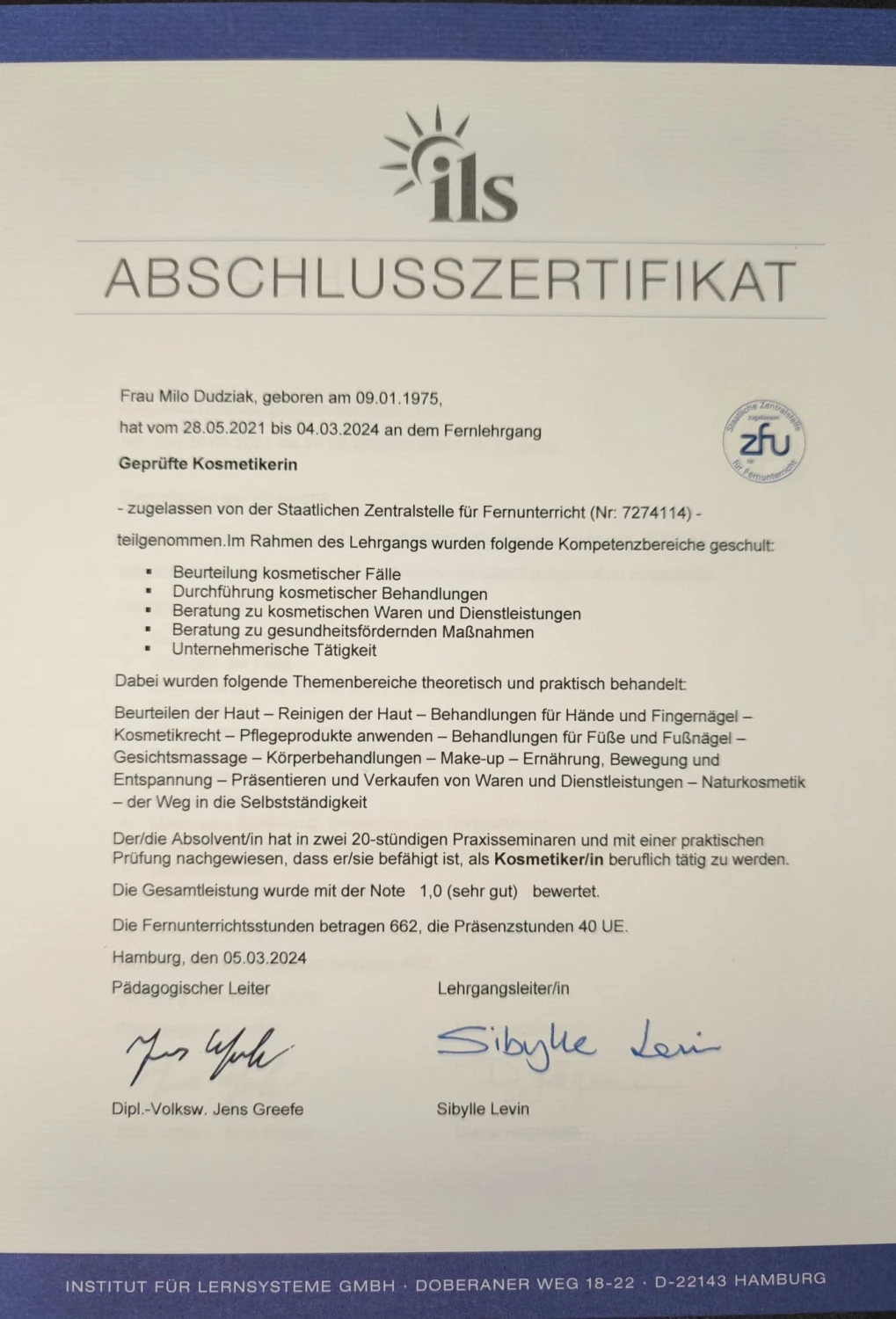 Milos Beauty Oasis - Milo Dudziak Zertifikat 