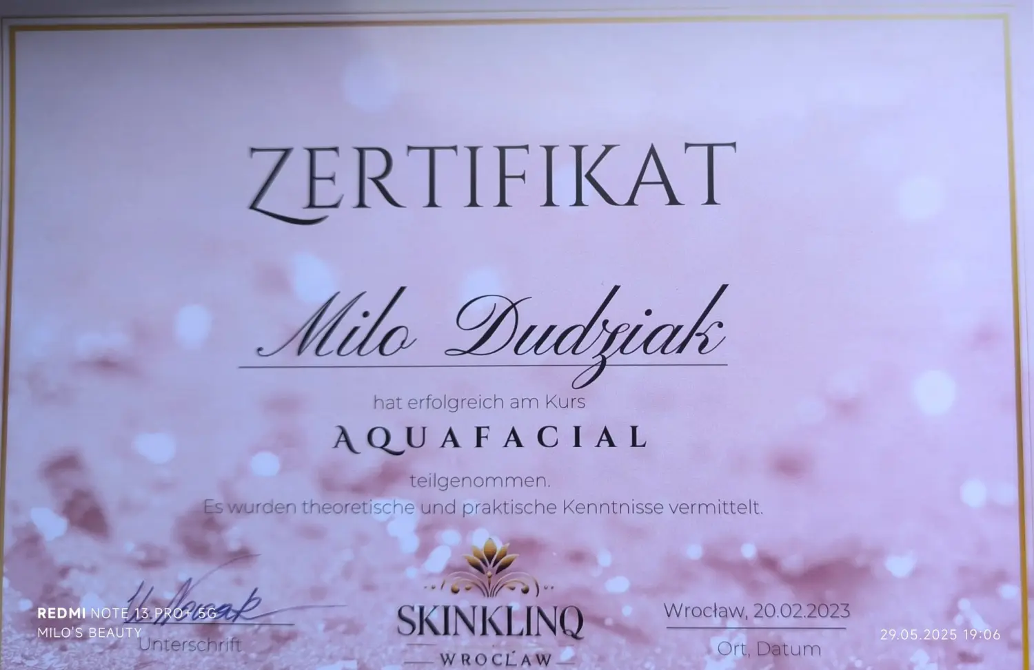 Milos Beauty Oasis - Zertifikat für Aqua-Gesichtsbehandlung