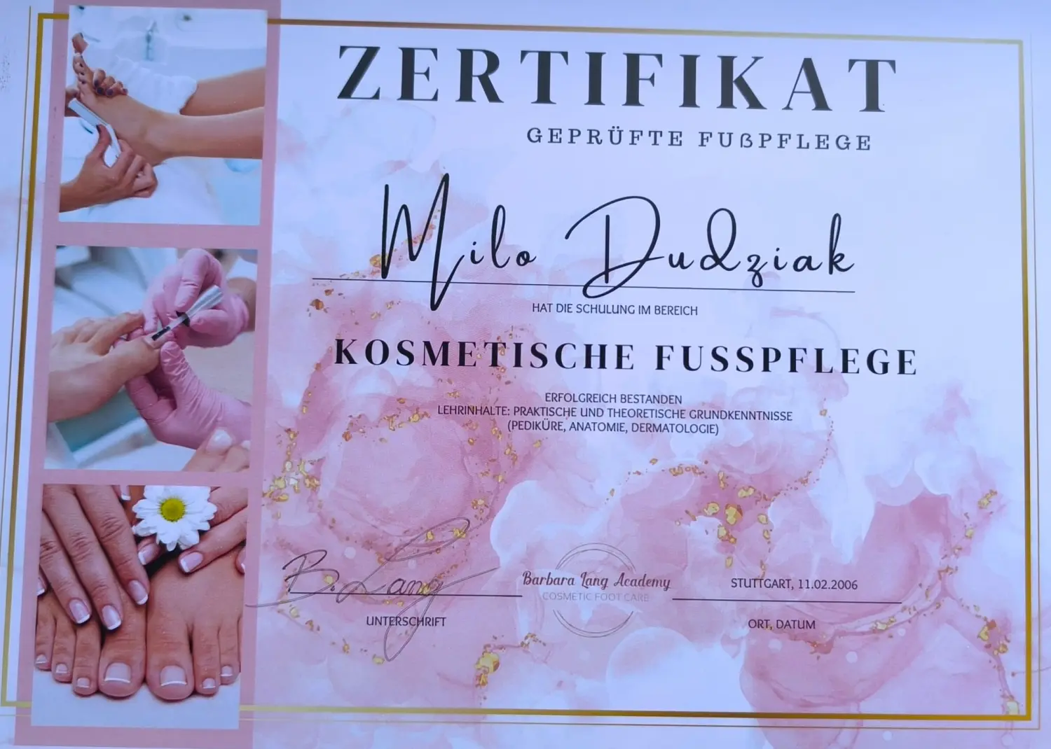 Milos Beauty Oasis - Zertifikat für kosmetische Fußpflege